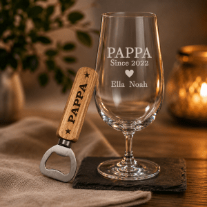 Ölglas & flasköppnare med gravyr - Pappa since