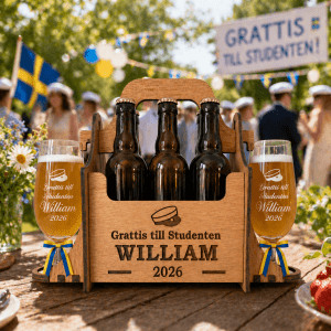 Öllåda med graverade ölglas – Studentpresent 2026