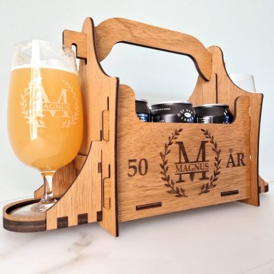 Öllåda 6-pack fylla år + graverade glas
