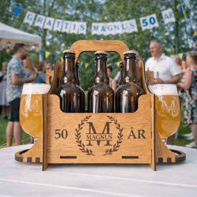 Öllåda 6-pack fylla år + graverade glas