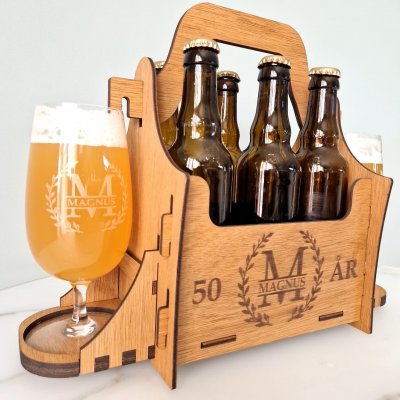 Öllåda 6-pack fylla år + graverade glas