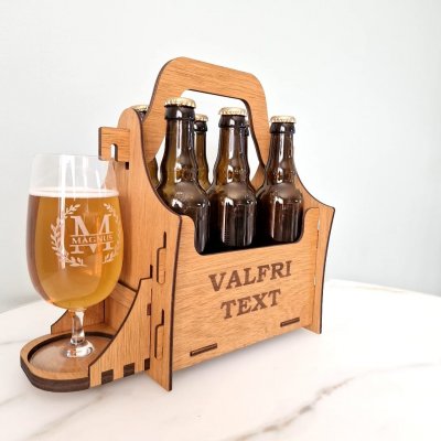 Öllåda 6-pack valfri text + graverat glas + glasunderlägg