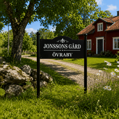 Gårdsskylt med stolpar
