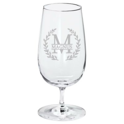 Ölglas med gravyr i trälåda - Monogram + fylla år