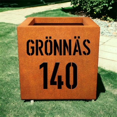 Kruka corten fyrkant med text