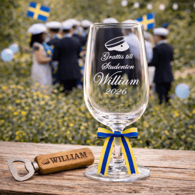 Ölglas & flasköppnare med gravyr - Studentpresent