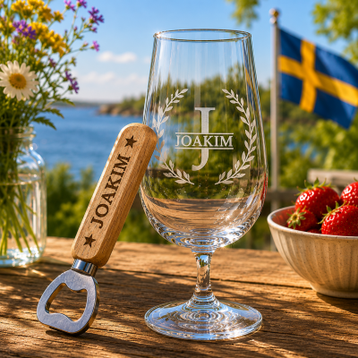 Ölglas med gravyr - Monogram & flasköppnare