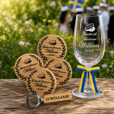 Ölglas med underlägg & flasköppnare - Student