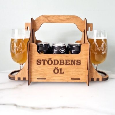 Öllåda 6-pack stödbens öl + graverad glas