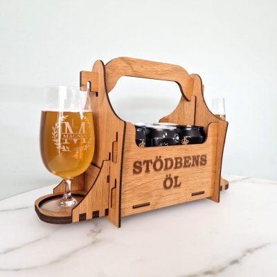 Öllåda 6-pack stödbens öl + graverad glas