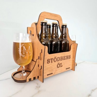 Öllåda 6-pack stödbens öl + graverad glas