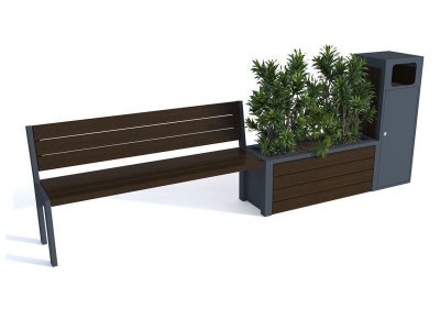 Parkbänk med blomkruka och sopkorg