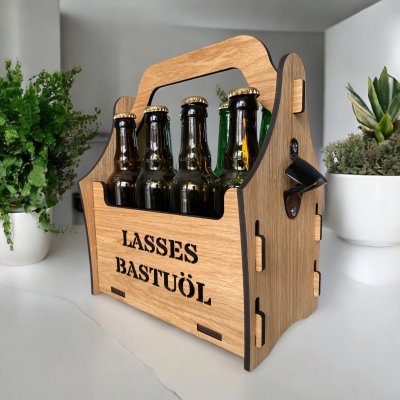 Öllåda i ek 8-pack med kapsylöppnare - Valfri text