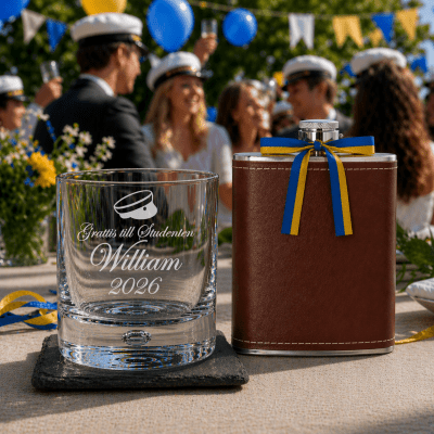 Whiskyglas med gravyr – Studentkit med plunta & underlägg